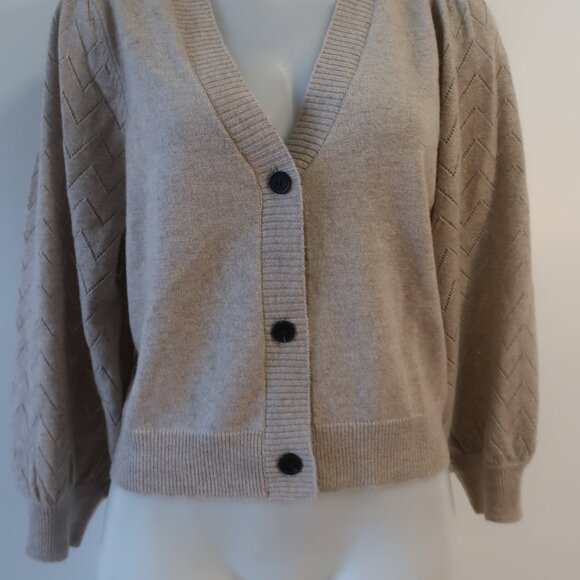 NWT Two Bees Cashmere Wool Taupe Pointelle Puff Slv V-Neck Cardigan Sweater XS - Picture 7 of 11